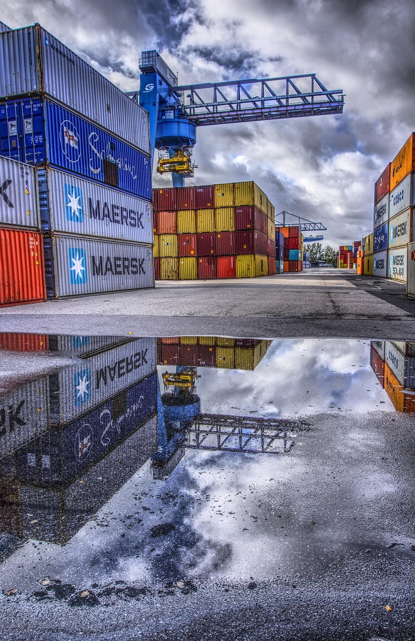container, port, loading, stacked, container terminal, container handling, loading crane, crane, freight, transshipment point, germany, to dye, heaven, clouds, hdr, contrast, high dynamic range, multicoloured, industry, nature, company, heavy, stole, puddle, reflection, water, wet, rain